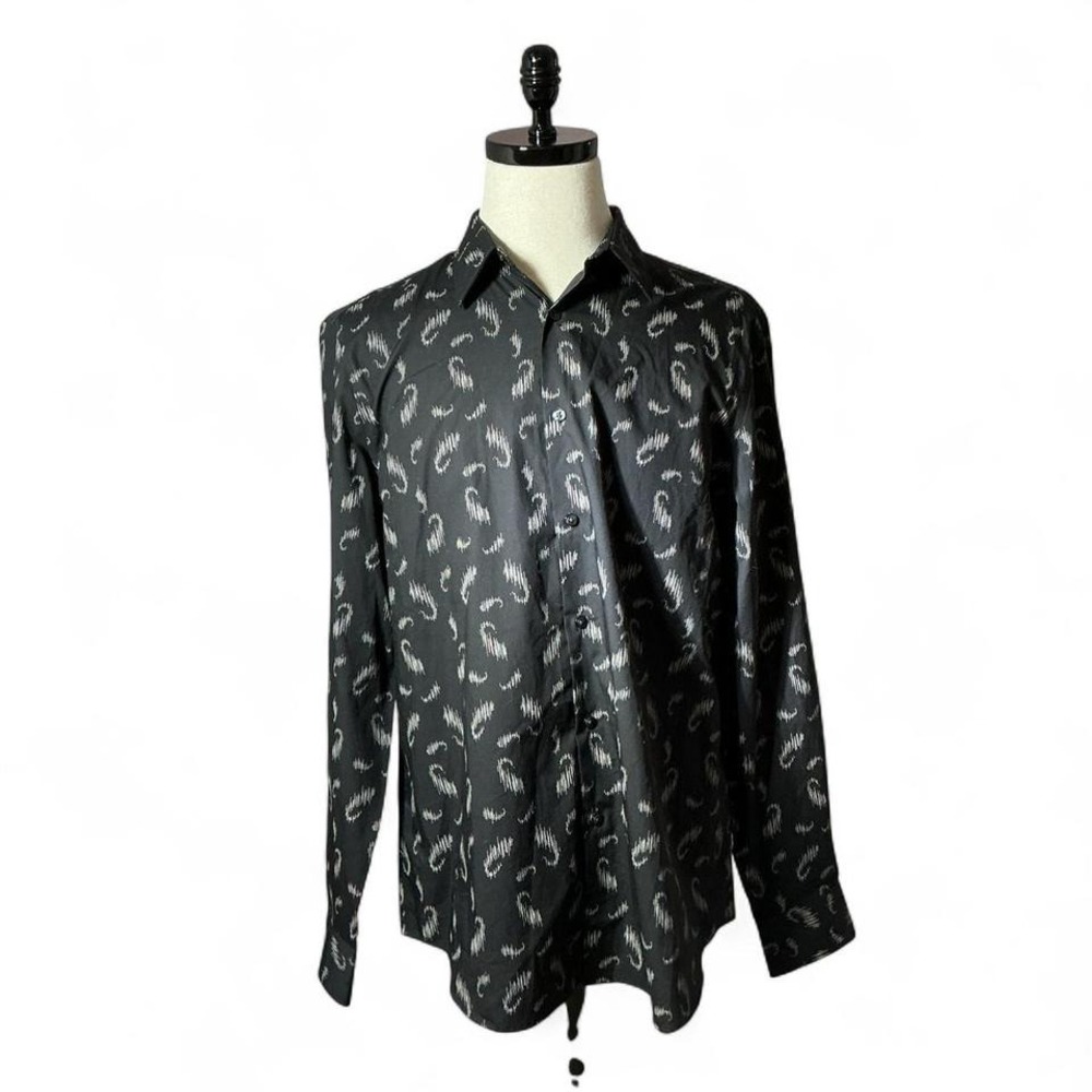 Perry Ellis Dark Academia Abstract Paisley‎ Button Down Shirt Mens L Black